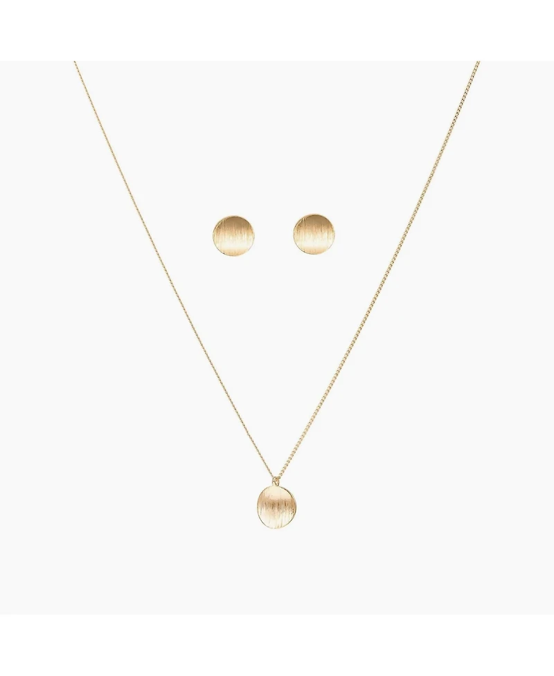 Sterling Silver 18k Gold Plated Madeleine Round Disc Pendant Necklace & Stud Earrings Set