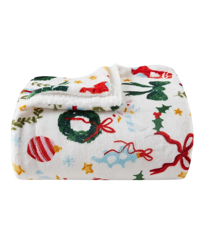 Linery & Co. Velvet Plush Fleece Reversible Sherpa Holiday Printed Throw