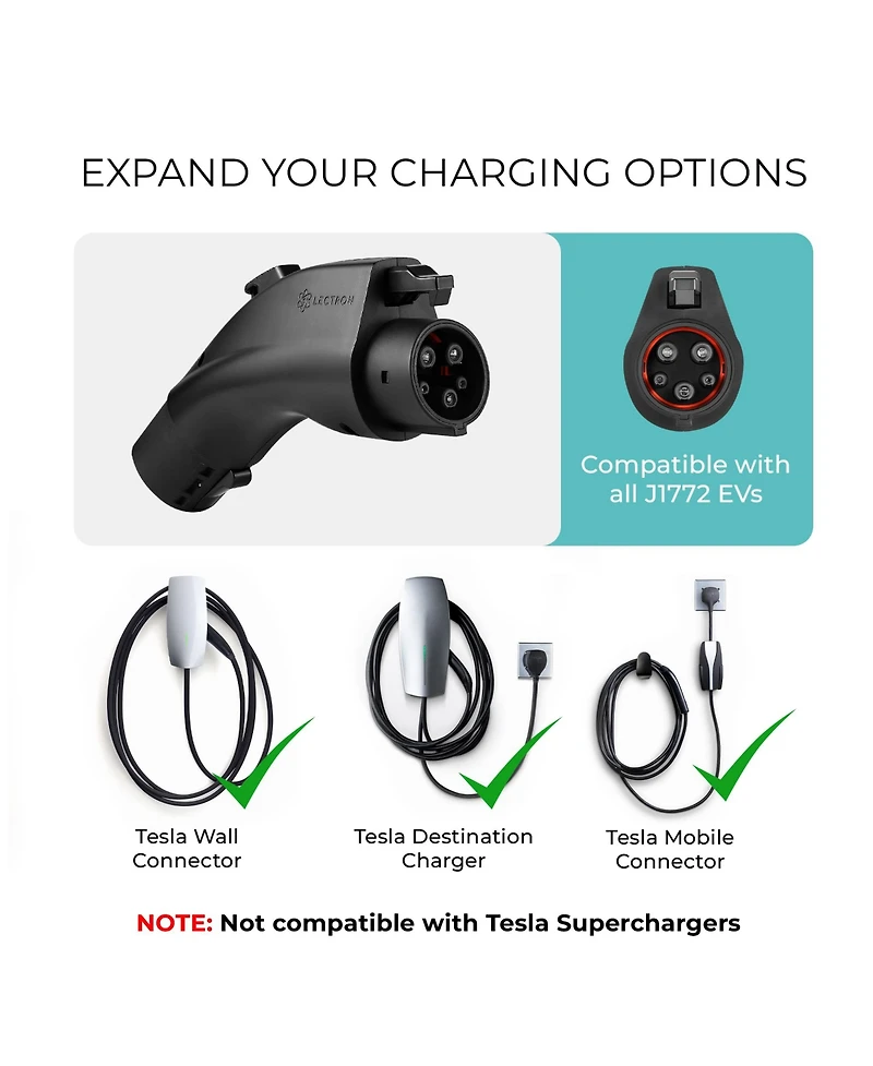 Lectron Tesla to J1772 Charging Adapter, Max 80 Amp & 250V