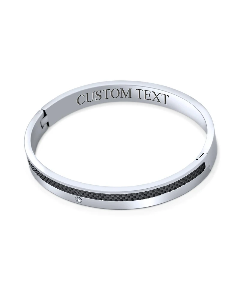 Bling Jewelry Stackable 8MM Black Carbon Fiber Inlay Flat Bangle Bracelet Silver Tone Stainless Steel 8 Inch