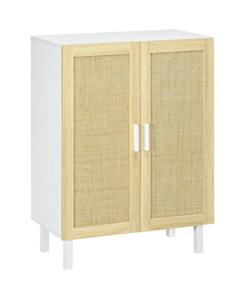 Sideboard Buffet Cabinet, Kitchen Cabinet, Coffee Bar Cabinet with 2 Rattan Doors and Adjustable Shelves, White and Natural