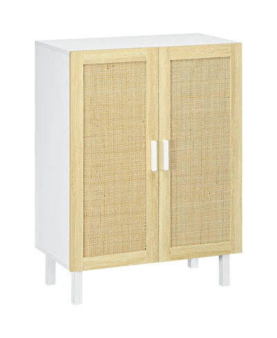 Sideboard Buffet Cabinet, Kitchen Cabinet, Coffee Bar Cabinet with 2 Rattan Doors and Adjustable Shelves, White and Natural