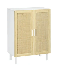 Sideboard Buffet Cabinet, Kitchen Cabinet, Coffee Bar Cabinet with 2 Rattan Doors and Adjustable Shelves, White and Natural