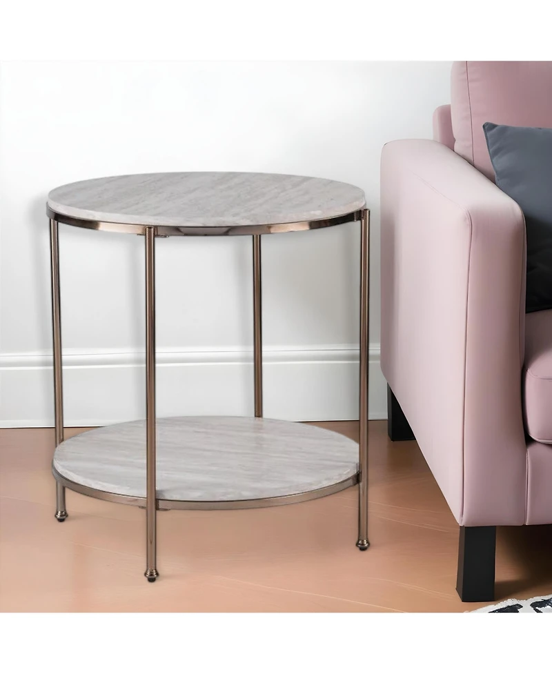Faux Marble and Iron Round End Table with Shelf for Modern Living Room