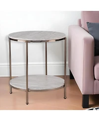 Faux Marble and Iron Round End Table with Shelf for Modern Living Room
