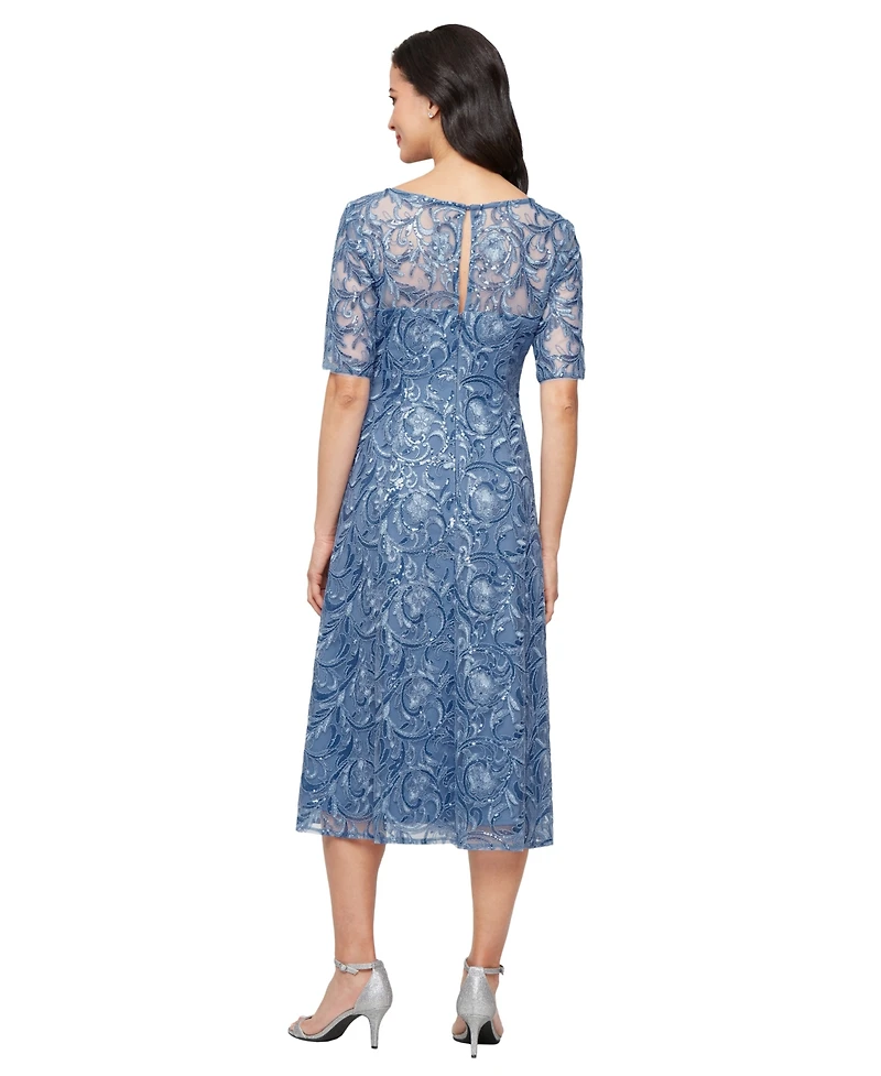 Alex Evenings Women's Short-Sleeve Stretch Tulle Midi Dress