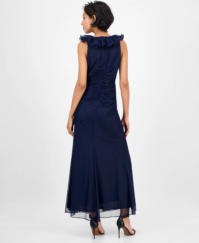 Alex Evenings Petite Ruffled V-Neck Sleeveless Mesh Gown