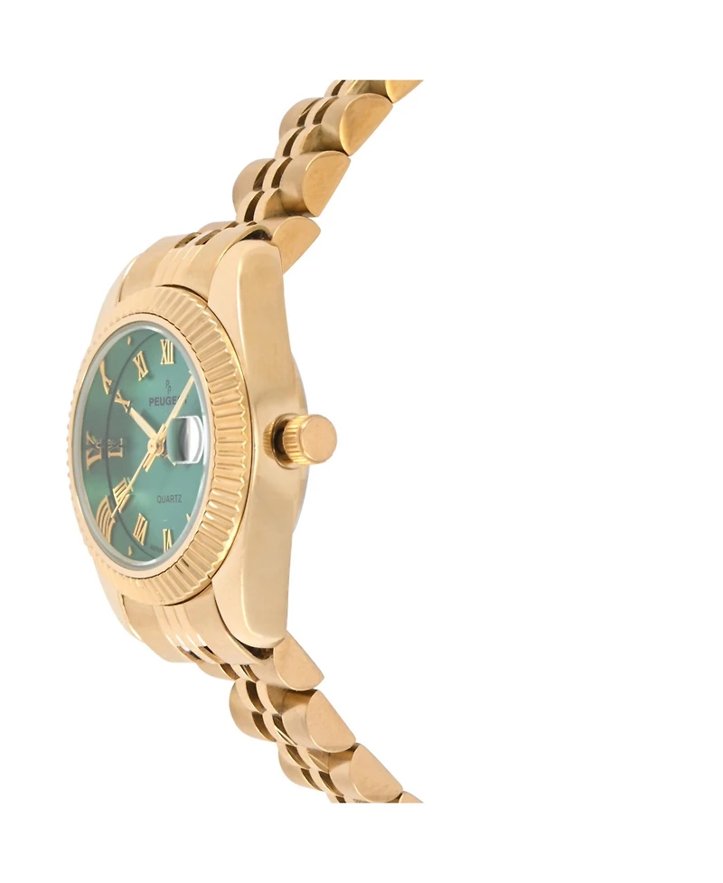 Peugeot Women's Gold-Tone 25mm Fluted Bezel Steel Bracelet Watch with Green Dial