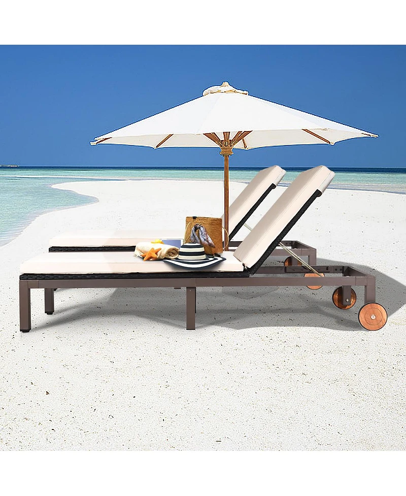 Gymax 2PCS Patio Adjustable Rattan Recliner Chaise Lounge Chair w/ Cushion Wheels