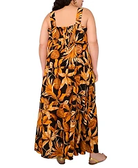 Vince Camuto Plus Tropical-Print Square-Neck Smocked-Back Sleeveless Maxi Dress