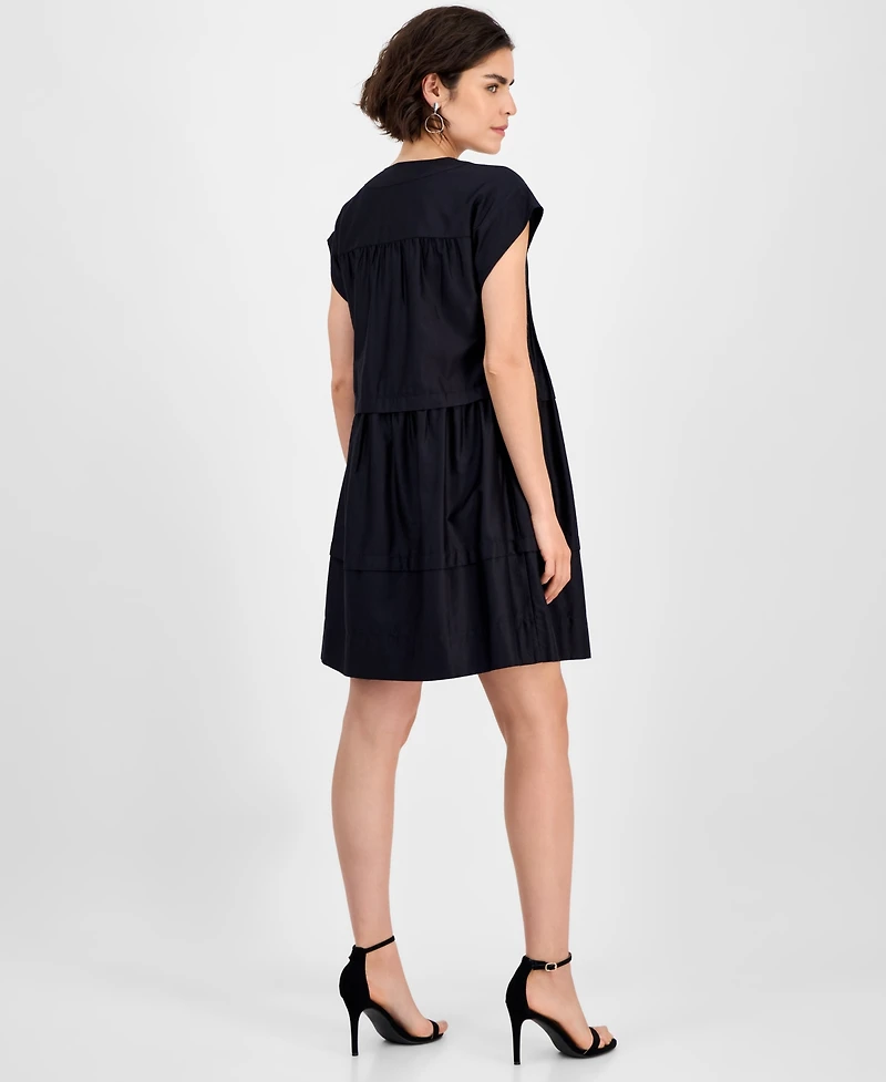 Robbie Bee Women's Short-Sleeve Pintuck Cotton Babydoll Dress