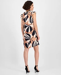 Robbie Bee Women's Printed Ruffle-Neck Cap-Sleeve Dress