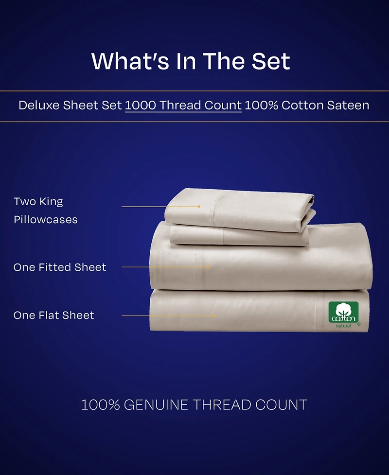 Luxury 1000 Thread Count King Sheets Set - 100% Cotton Sateen Soft, Thick & Deep Pocket