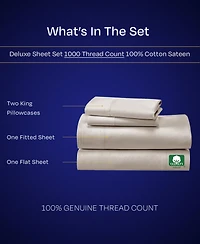 Luxury 1000 Thread Count King Sheets Set - 100% Cotton Sateen Soft, Thick & Deep Pocket