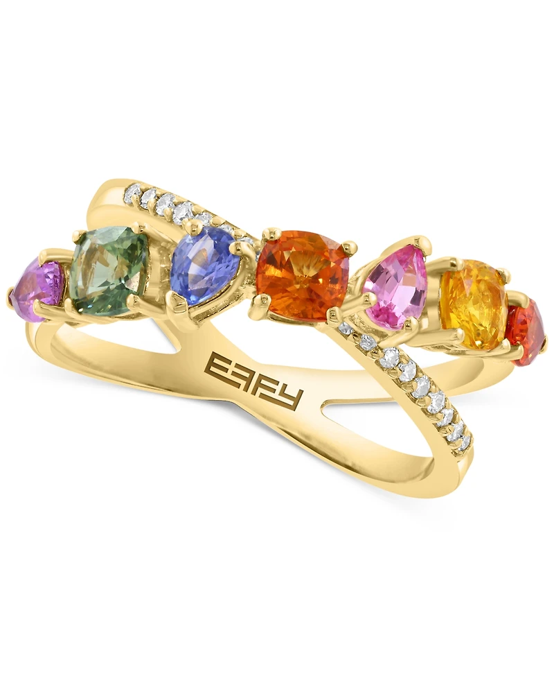 Effy Multi-Sapphire (2 ct. t.w.) & Diamond (1/10 ct. t.w.) Crossover Statement Ring in 14k Yellow Gold
