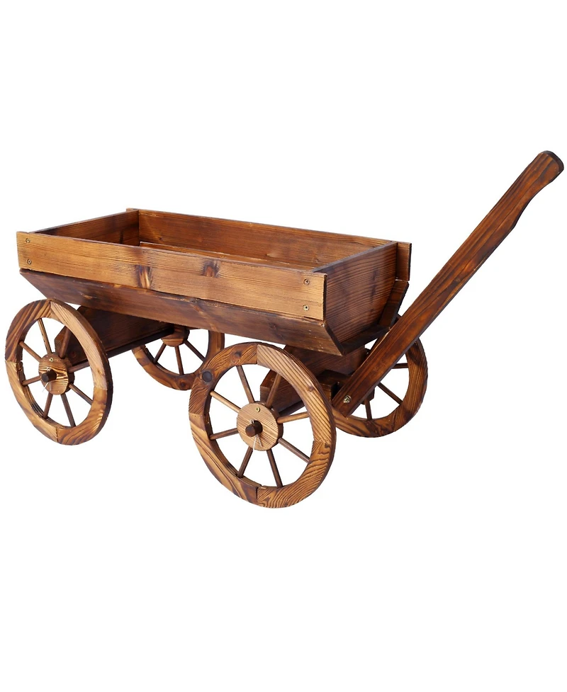 Wood Wagon Flower Planter Pot Stand W/Wheels Home Garden Outdoor Decor