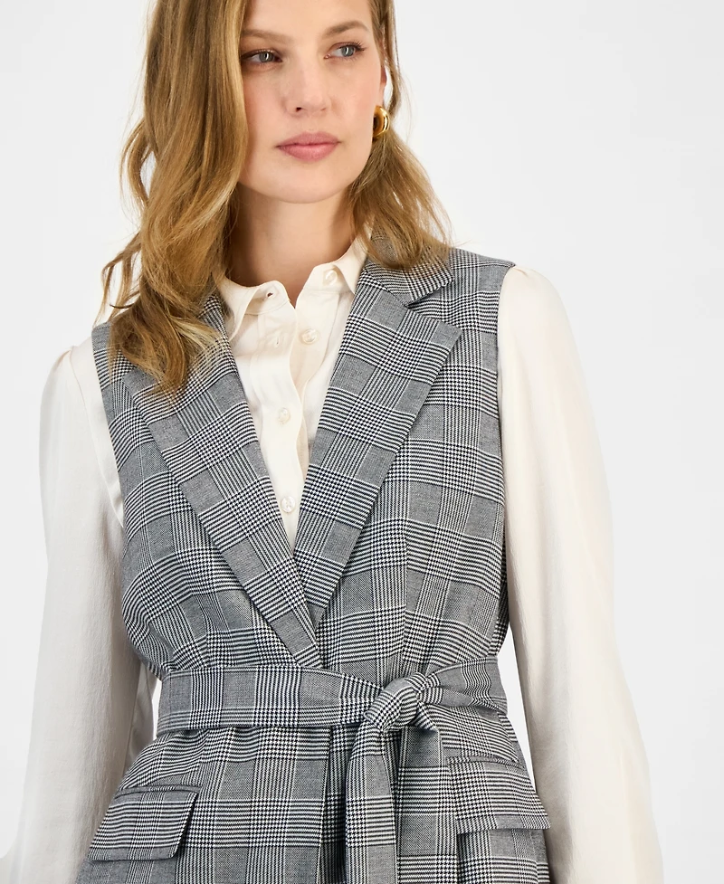 Kasper Women's Checkered-Print Belted Vest, Regular & Petite