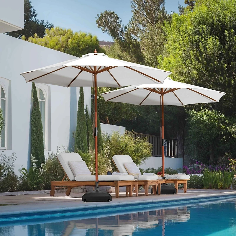 Yescom 9ft Solid Wood Outdoor Patio Umbrella with Base Included Parasol Wheels Stand for Bistro Market Garden Deck Yard Poolside White