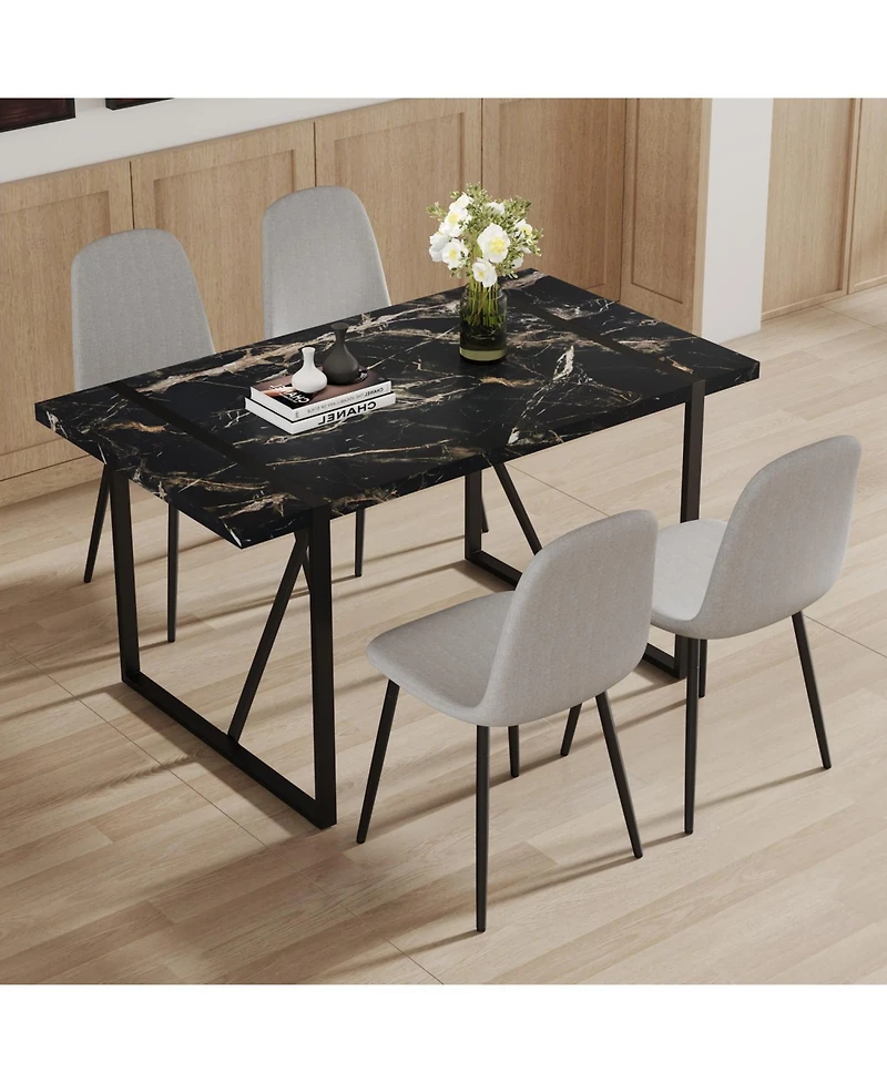 Streamdale Modern Marble Mdf Dining Set 55"x31.4" with 4 Light Gray Linen Chairs