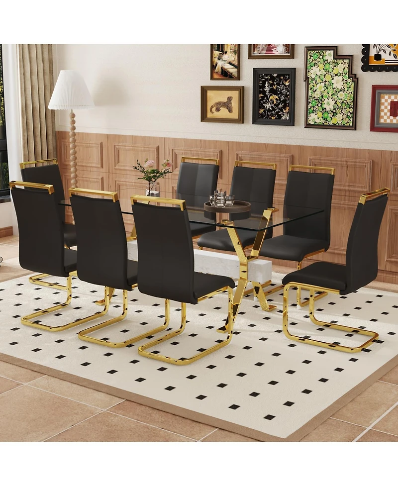 Streamdale Elegant Glass Dining Set with 8 Pu Chairs (71"x35.4")