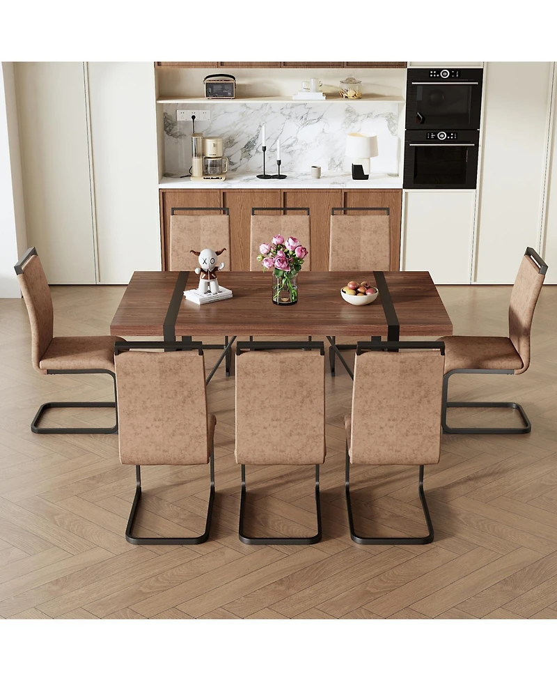 Industrial Walnut Table with 8 Brown Tech Fabric Chairs