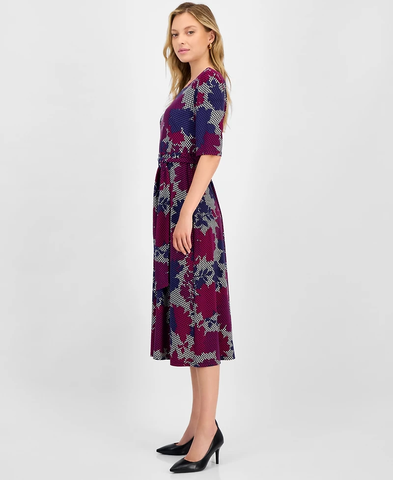Kasper Women's Printed Tie-Waist Elbow-Sleeve Midi Dress