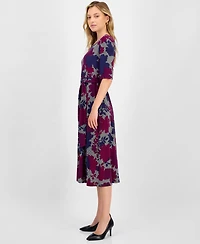 Kasper Women's Printed Tie-Waist Elbow-Sleeve Midi Dress