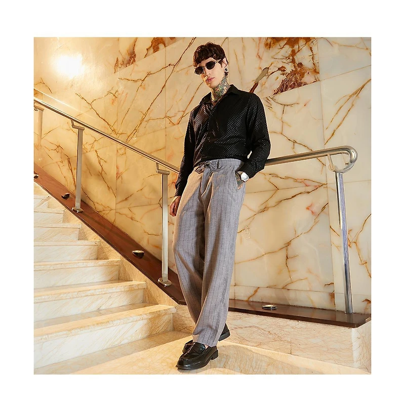 Campus Sutra Men's Coin Grey Pinstriped Chino Trousers