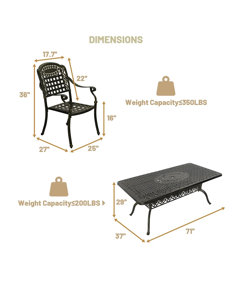 7pcs Outdoor Furniture Set Cast Aluminium Patio Dining Set 6 Outdoor Dining Chairs and 71 Inches Rectangular Dining Table for Balcony Porch Backyard G