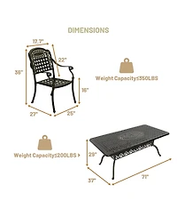7pcs Outdoor Furniture Set Cast Aluminium Patio Dining Set 6 Outdoor Dining Chairs and 71 Inches Rectangular Dining Table for Balcony Porch Backyard G