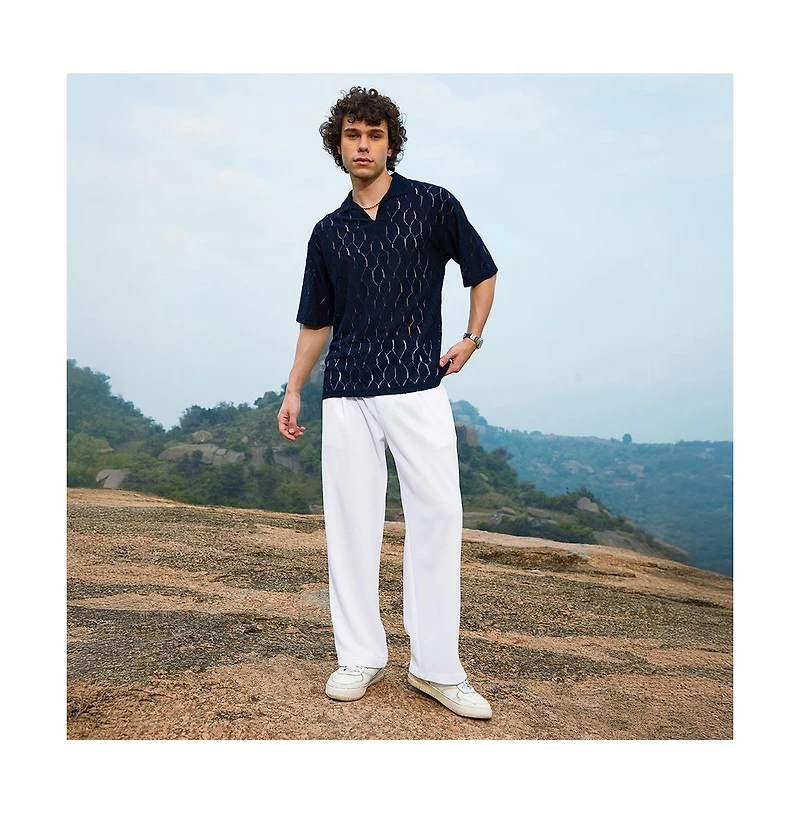 Campus Sutra Men's Prussian Blue Honeycomb-Knit Polo T-Shirt