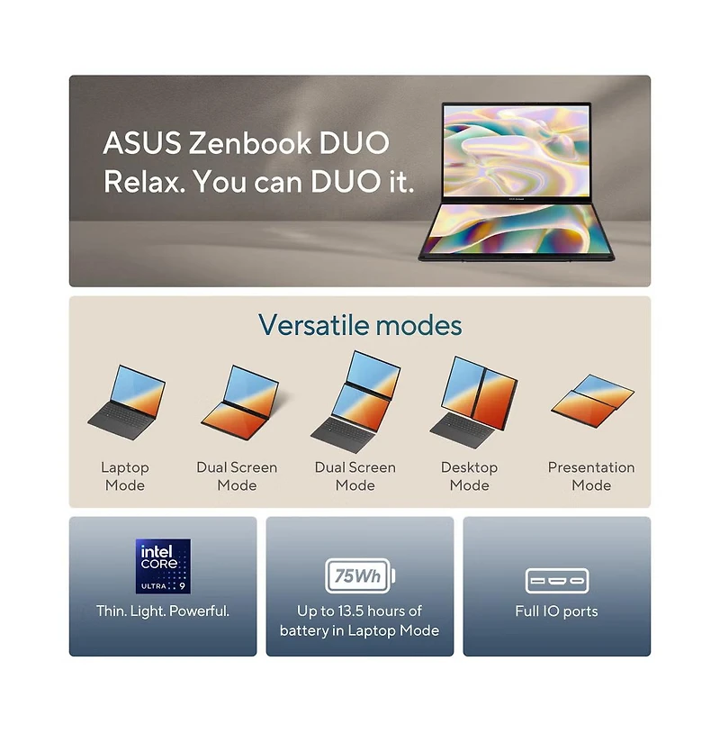 14" Zenbook Duo UX8406 Touchscreen Laptop Intel Core Ultra 9 Processor 285H 32GB Ram LPDDR5X Intel Arc Graphics 1TB Ssd Storage - Inkwell Gray