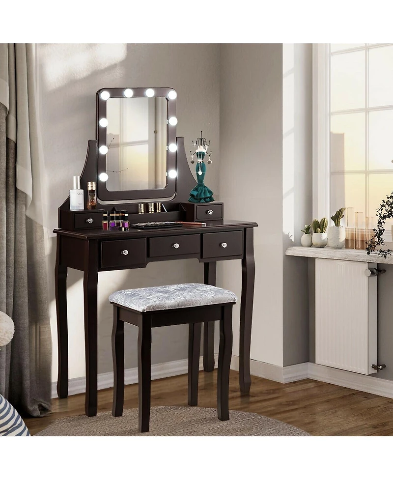 Vanity Dressing Table Set with 10 Dimmable Bulbs and Cushioned Stool