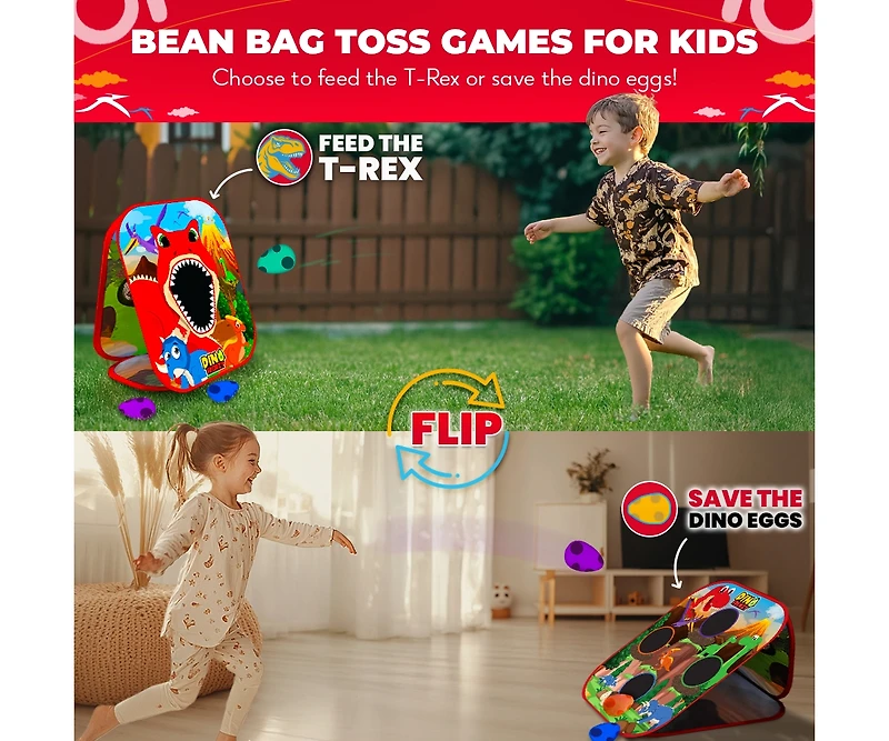 Dino Frenzy | 2-in-1 Corn Hole Games for Kids | 5-Second Setup | Bean Bag Toss Game for Kids | Kids Cornhole Game Set