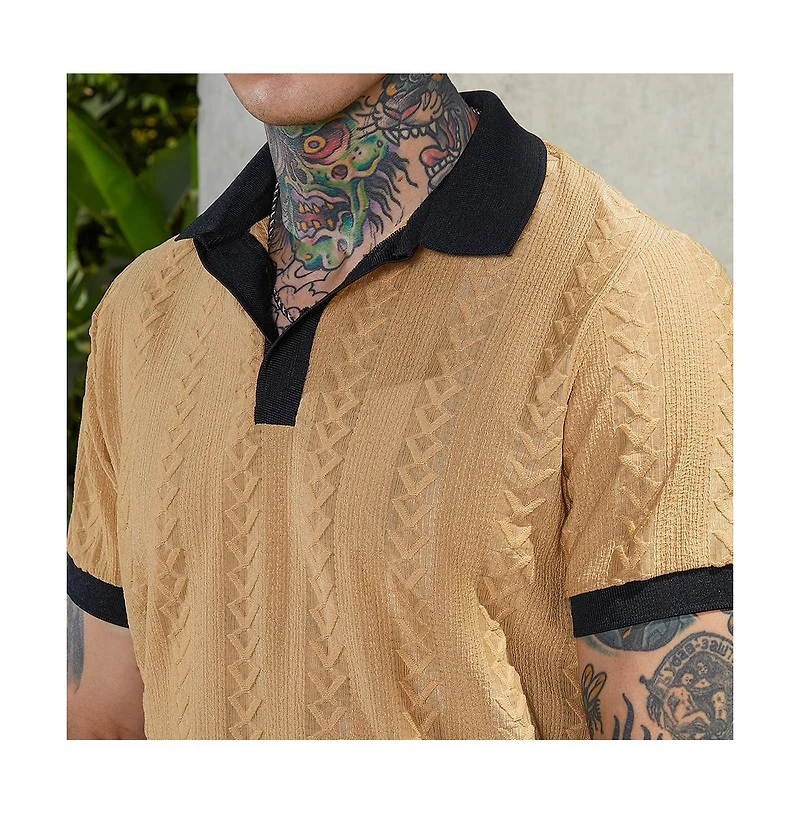 Campus Sutra Men's Buff Beige & Obsidian Black Arc-Tactile Polo T-Shirt