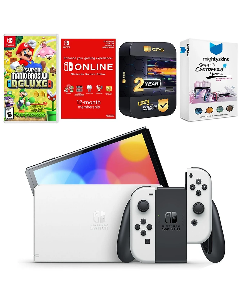 Nintendo Switch White Oled Console with New Super Mario Bros. U Deluxe, Nso 12 Month Family Membership, MightySkins Console and Controller Skin Vouche