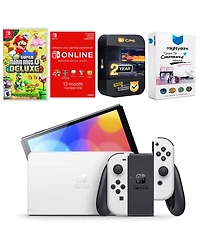 Nintendo Switch White Oled Console with New Super Mario Bros. U Deluxe, Nso 12 Month Family Membership, MightySkins Console and Controller Skin Vouche