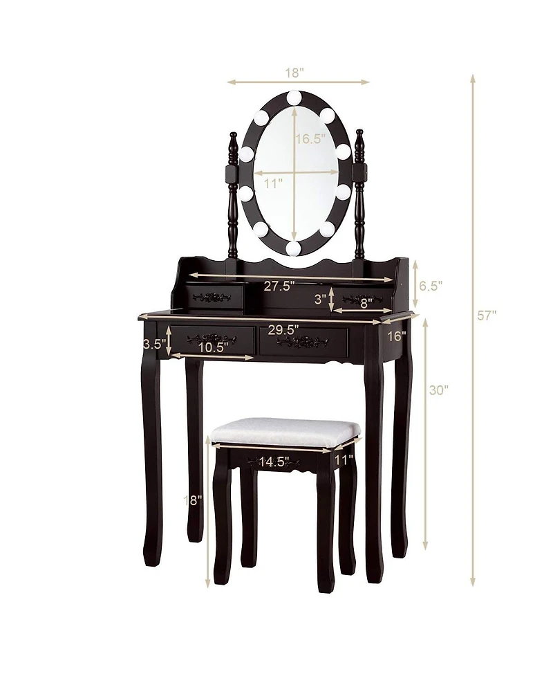 Makeup Dressing Table with Touch Switch Lighted Mirror and Cushioned Stool