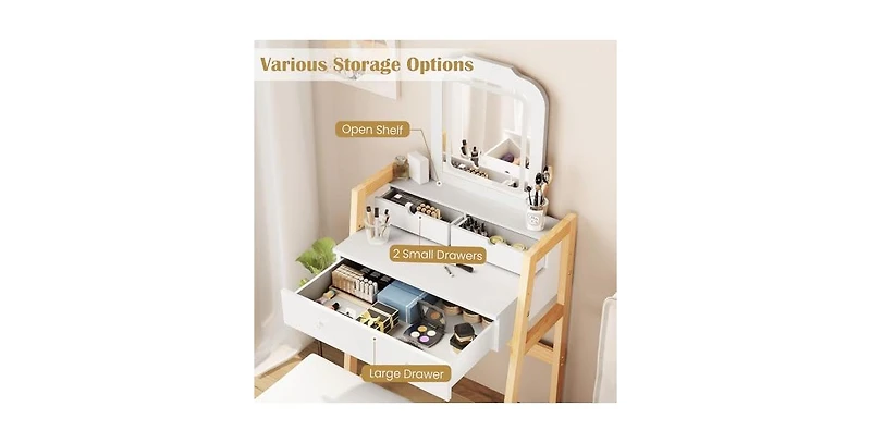Adjustable Height Vanity Desk Set with 3-Color Led Lighted Mirror and Drawers