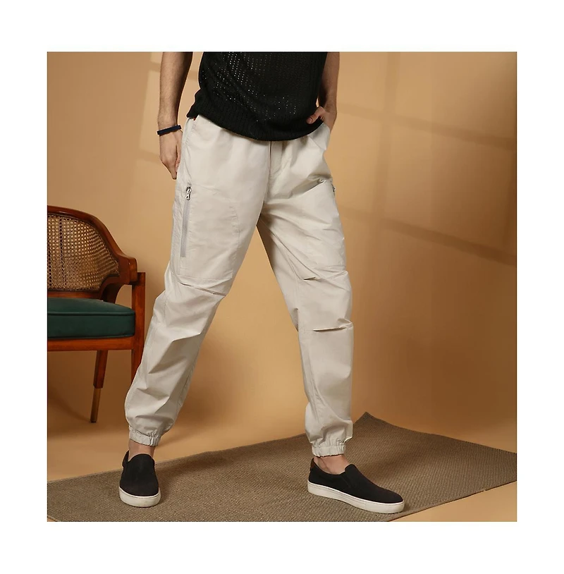 Campus Sutra Men's Saltbox Beige Parachute Utility Trousers