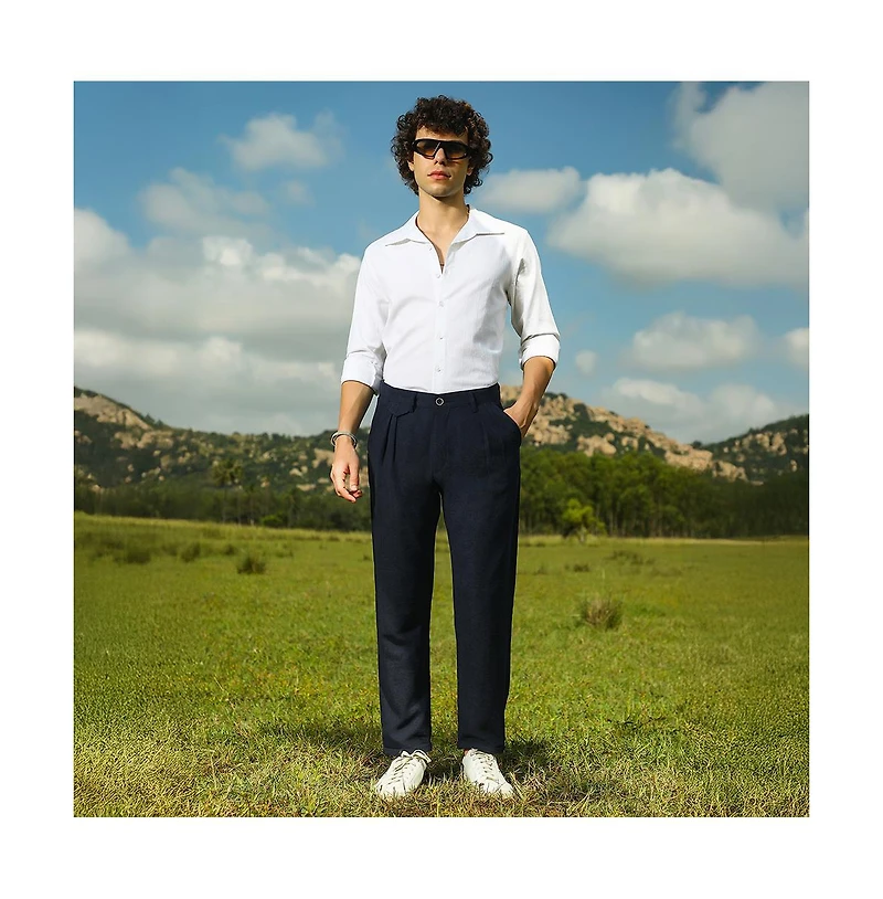 Campus Sutra Men's Prussian Blue Velvique Tailored Trousers