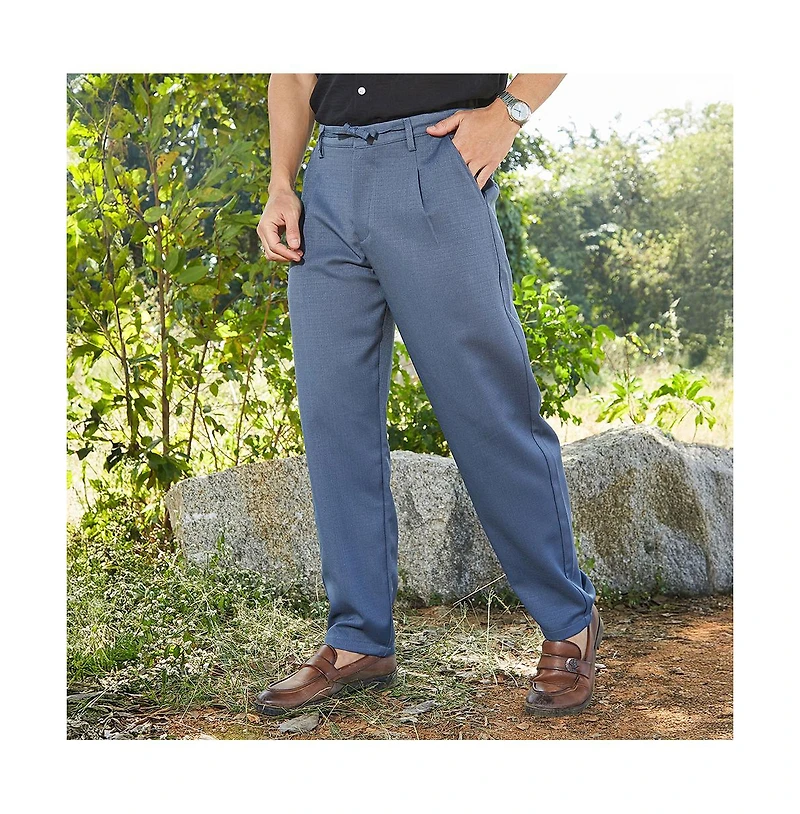 Campus Sutra Men's Steel Blue Tailored Linen-Blend Trousers