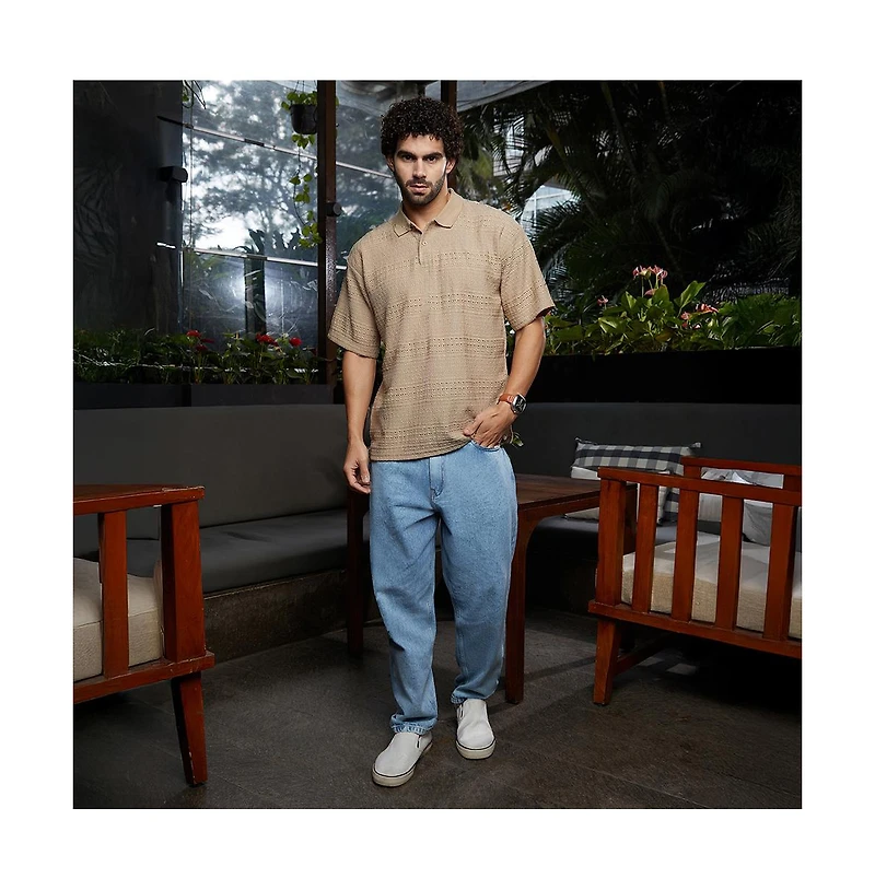 Campus Sutra Men's Buff Beige Bohomian Oversized Polo T-Shirt