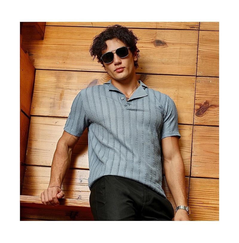 Campus Sutra Men's Icy Blue Wicker-Tactitle Polo T-Shirt