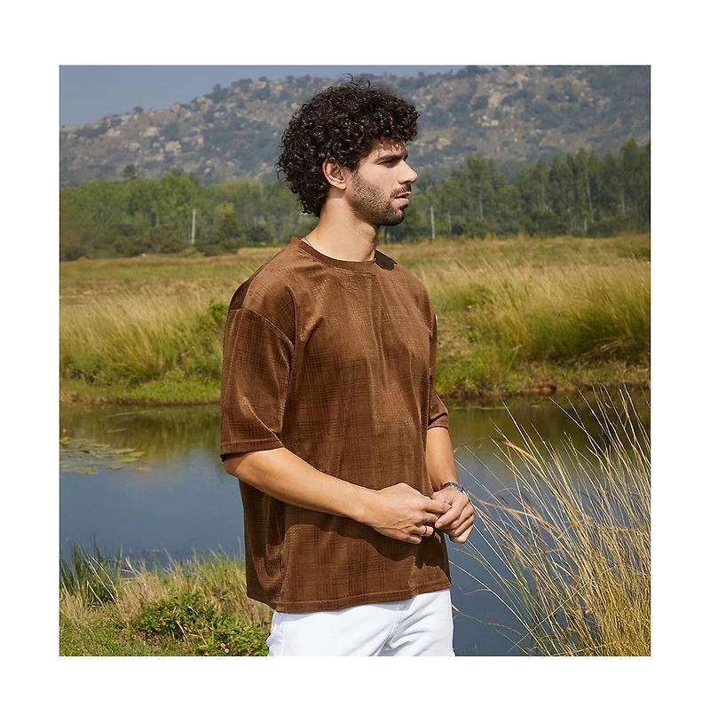 Campus Sutra Men's Chocolate Brown Tartan-Plaid Oversized T-Shirt