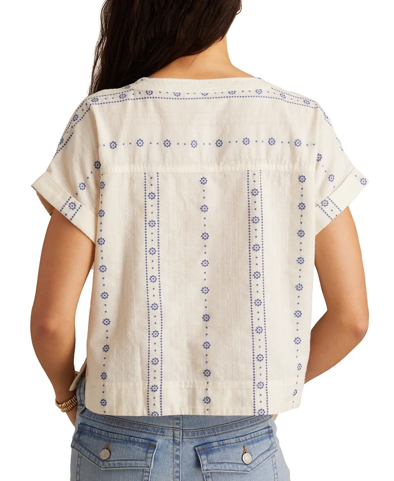 Lucky Brand Women's Embroidered Cotton Cuffed-Sleeve Top