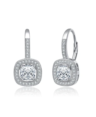 White Gold Plating with Clear Cubic Zirconia Leverback Halo Earrings