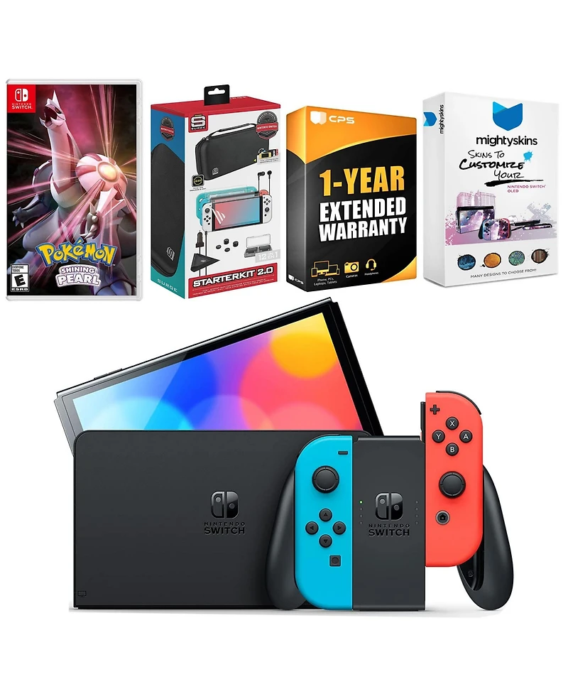Nintendo Switch Neon Red & Blue Oled Console with Pokemon Shining Pearl Edition, Surge Accessory Gaming Kit