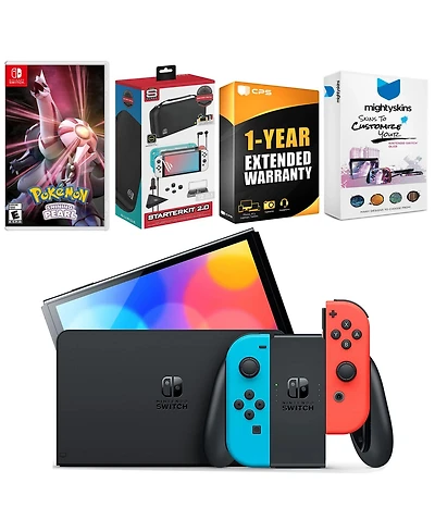 Nintendo Switch Neon Red & Blue Oled Console with Pokemon Shining Pearl Edition, Surge Accessory Gaming Kit