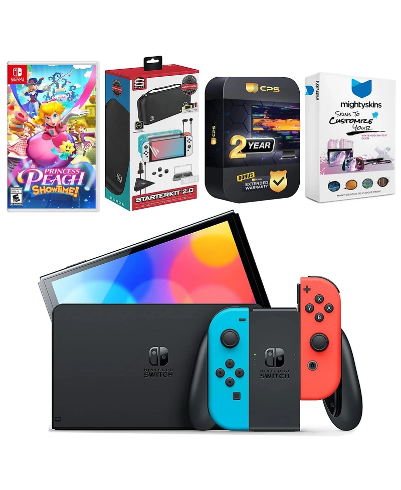 Nintendo Switch Neon Red & Blue Oled Console with Princess Peach: Showtime! Edition, Surge Accessory Gaming Kit